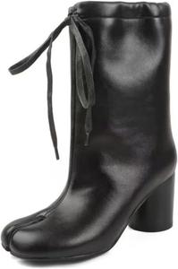 Женские ботильоны ZQW из натуральной кожи с забавным носком (таби), средний блочный каблук, шнуровка, мягкие, удобные, минималистичные, широкие голенища, Black