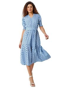 Платье миди с геометрическим рисунком и поясом Roman, синий