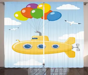 Штора ABAKUHAUS Желтая подводная лодка в деревенском стиле, Летит в небе, универсальная ленточная штора для гостиной с петлями и крючками, 280 x 225 см, разноцветная, цветная Abakuhaus