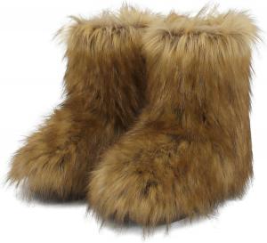 Женские сапоги из искусственного меха, пушистые короткие зимние ботинки до щиколотки, средней длины, мягкие, для улицы и дома, на плоской подошве, удобные MAIJED, Brown