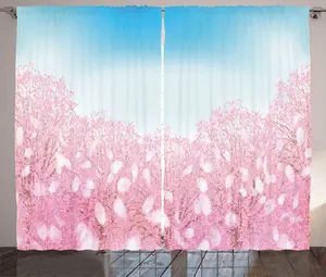 Штора ABAKUHAUS в сине-розовом деревенском стиле, вид на цветущую вишню, присборенная тесьма для спальни с петлями и крючками, 280 x 225 см, нежно-розовый, нежно-голубой Abakuhaus