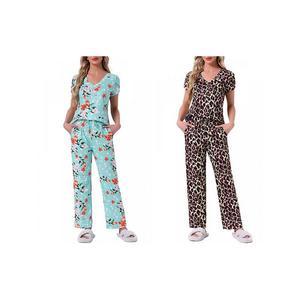 2 комплекта женской пижамы с V-образным вырезом, коротким рукавом и брюками на шнурке Inspire Chic, Blue Floral Leopard