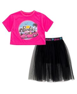 Укороченная футболка свободного кроя со спущенными плечами и юбка-шорты из сетчатого тюля Barbie, Pink / black