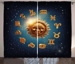 Штора ABAKUHAUS Астрология в деревенском стиле, Древние знаки на звездной пыли, универсальная тесьма для гостиной с петлями и крючками, 280 x 175 см, темно-синий, оранжевый Abakuhaus