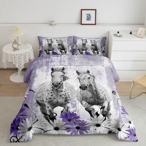 Erosebridal Комплект постельного белья Horse с принтом ромашек и животных в фиолетовых тонах, Grey Purple