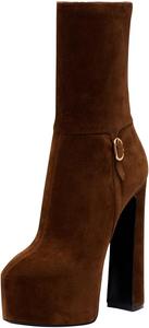 Женские сапоги FYS с круглым носком, средней длины до икра, массивный высокий каблук, ботильоны с боковой молнией, сексуальные туфли для вечеринок и клубов, размеры 4-16 US, Brown