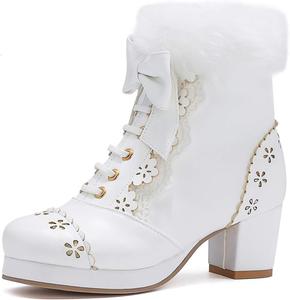 Женские модные блоки с массивным каблуком и платформой с боковой молнией, теплые меховые ботинки на щиколотке, короткие короткие ботинки Sweet Bownot Lolita Hollow Out LYYSKY, White
