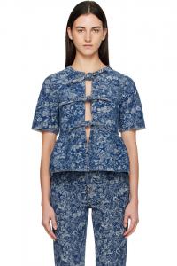 Ganni Блузка с баской из синего гобелена