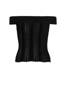 Вязаный топ с блестками на открытых плечах Balmain, черный