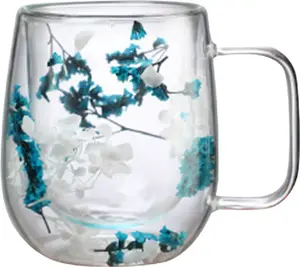 Кружка стеклянная двухстенная, прозрачная, с цветочным узором, широким горлом, с ручкой, термокружка для кофе, чая и шоколада объемом 250 мл. Bremen
