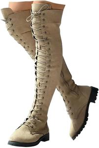Круглый носок с низким каблуком Высокий ботинок для верховой езды в боевых условиях Плоский ботинок с боковой молнией Ботинки широкой ширины Надеть винтажную кожаную длинное сексуальное платье Женские ботинки Generic, хаки