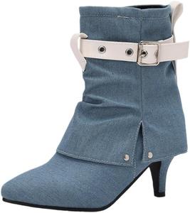 Fusecottc Женские короткие ботинки с зауженным носком и низким каблуком - дизайн с регулируемым ремешком, подходит как для вечерних мероприятий, так и для повседневной носки.