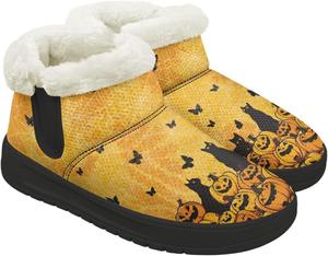 Женские мини-сапоги на платформе, зимние ботинки до щиколотки с уютной меховой стелькой, легкая подошва с антискользящим эффектом Chririnla, Black Cat Pumpkin Face