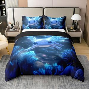 Erosebridal Неоновый аксолотл 100% хлопковый пододеяльник, мультяшная саламандра, морская тематика, декор для спальни, Blue White