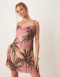 Мини-платье ASOS DESIGN на бретелях с плиссировкой и принтом пальм