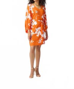 Цветочный принт платье из жоржета с пышными рукавами и поясом в мандариновом/ванильном цвете Joseph Ribkoff, Mandarin/Vanilla