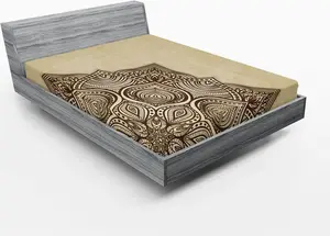 Простыня на резинке ABAKUHAUS Brown Mandala, крупный план нарисованного от руки восточного цветка в стиле мехенди, расписанного хной, 135 x 190 см, бежево-коричневый цвет Abakuhaus