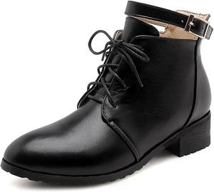 Женские ботильоны VOKLIN с круглым носком, шнуровкой и ремешком, кожаные, на плоской подошве с низким каблуком, короткие нарядные ботинки челси, Black-Velvet Lined