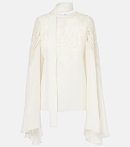 Блузка из жоржета с кружевной отделкой и завязкой на горловине Elie Saab, Powder White
