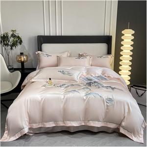 RomildaYuan Комплект постельного белья из лестучего шелка в китайском стиле с пейзажной вышивкой Pink