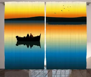 Штора ABAKUHAUS Natural Rustic, Закат на озере - Рыбалка, универсальная ленточная штора для гостиной с петлями и крючками, 280 x 245 см, цвет: оранжево-синий Abakuhaus