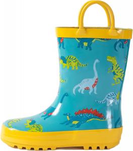 Детские резиновые сапожки для дождя - водонепроницаемые сапожки для малышей для девочек и мальчиков с забавными рисунками и удобными ручками для надевания Hbxooxts, Blue Dinosaur