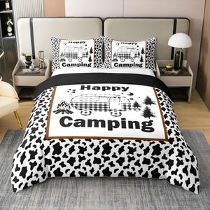 Erosebridal Комплект постельного белья Happy Camping из 100% хлопка с узором коровы в полоску бело-черного цвета, White Black