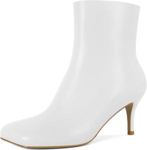 Женские ботильоны Soireelady с низким каблуком 2,5 дюйма, квадратный носок, боковая молния, осенние и зимние короткие ботинки, White