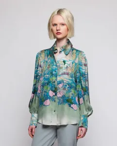 Женская блузка с расположенным живописным принтом Mirto, зеленый/темно-синий