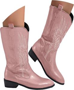 Женские блестящие ковбойские сапоги до середины икры с заостренным носком, массивным каблуком и широкой голенью, модные повседневные западные ботильоны для ношения снаружи, ретро стиль, кожаные ботильоны Generic, Pink