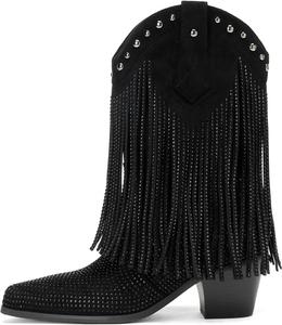 Женские ковбойские ботильоны AIJIVOU с бахромой и стразами, сверкающие западные ковбойские сапоги с заостренным носком, на среднем широком каблуке, с декоративной бахромой, для вечеринок для женщин и девушек, Black