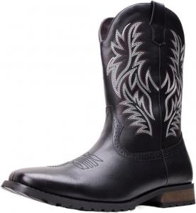 Мужские винтажные ковбойские сапоги в западном стиле с вышивкой, квадратный носок, массивный каблук, средние по голенище, противоскользящие, удобные, для охоты на западный манер, сапоги для мужчин Generic, черный