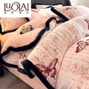 LUOLAI HOME Комплект постельного белья 4 предмета, простыня, размер 180 см, высоковесный молочный вельвет, утолщенный и теплый, цвет розовый с бабочками
