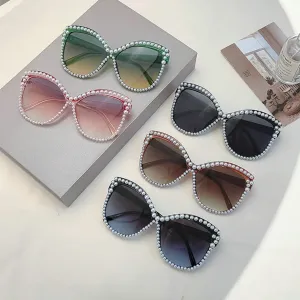 Женские модные солнцезащитные очки Melrose Pearl Rhinestones Shiny Shades Cat Eye Oversize Decor Outdoor Pink Sun Glasses M370, Black