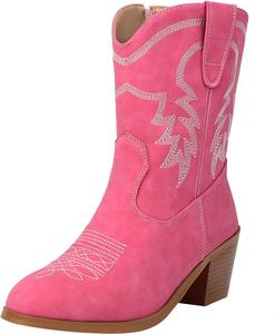 Ботинки-ковбойки для женщин с широкой голенью, западного стиля, с массивным каблуком, заостренным носком, средней длины по голени, высокие до колена, с вышивкой, слипоны выше колена, из широкой кожи Generic, B-Pink