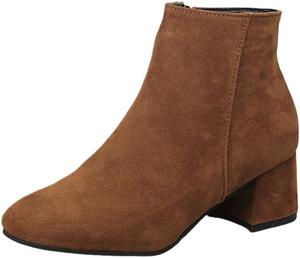 Женские модные короткие ботинки - заостренный носок, толстый каблук, боковая молния, большой размер - подходят для осенних и зимних образов HoaloX, Brown