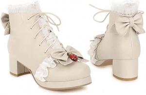 Ботильоны Elyffany Fashion с бантом, на шнуровке, с милым массивным каблуком, обувь в стиле Лолита, Beige