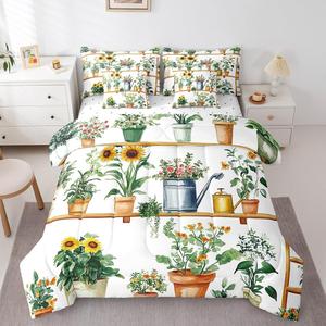 Erosebridal Комплект постельного белья King с водяным принтом подсолнухов и роз в винтажном деревенском стиле, Green Yellow Red