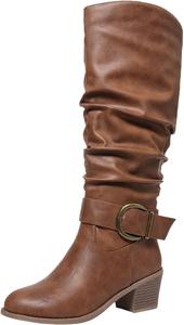 Женские высокие сапоги для верховой езды до колена, с круглым носком и широкой голенью, кожаные туфли на низком каблуке Generic, Coffee