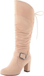 Женские сандалии Zamikoo, свободные ботильоны до колена с круглым носком, массивным каблуком, боковой молнией и металлической пряжкой, высокие повседневные сапоги на каблуке 3,5 дюйма, Suede Beige
