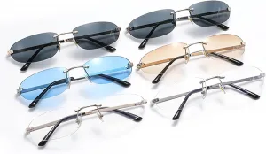 Солнцезащитные очки Melrose Retro Small Oval для женщин, модные солнцезащитные очки без оправы, узкие дизайнерские очки в стиле Y2K, Silver/Blue