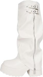 Женские высокие сапоги до колена с отворотом, массивная платформа, удобные, широкий голень, боковая молния с декоративной пряжкой, сапоги для езды, фестивалей, концертов, панк-стиль Generic, White