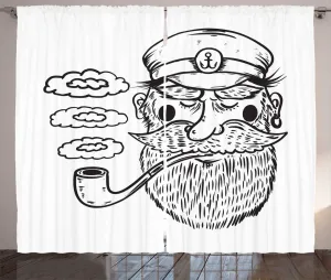 Винтажная штора ABAKUHAUS в морском стиле с татуировкой в деревенском стиле, Бородатый капитан, присборенная штора для спальни с петлями и крючками, 280 x 225 см, цвет: угольно-серый и белый Abakuhaus