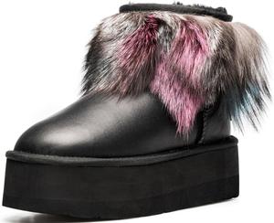 AU&MU Женские короткие зимние снегоступы Aumu Классические термоботинки с мехом Теплые пушистые ботинки, Black-2