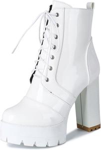 Женские массивные ботильоны Bellirala с платформой, круглым носком, шнуровкой, высокими каблуками, лакированные готические короткие байкерские ботинки с молнией, White