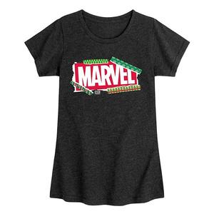 Футболка с новогодним принтом для девочек Marvel, Heather Black