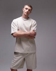 Свитшот свободного кроя с короткими рукавами из льняной смеси в цвете «камень» Topman