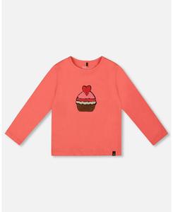 Детская хлопковая футболка для девочки, кораллового цвета с кексом Deux par Deux, Coral