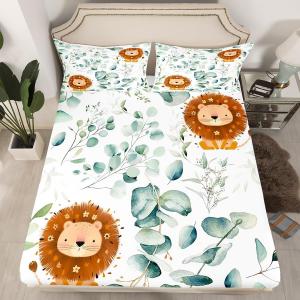 Erosebridal Детский комплект постельного белья с мультяшными животными Kawaii Lion, сафари дикая природа, ботанический зеленый эвкалипт, White Brown Green