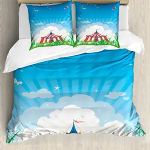 Пододеяльник ABAKUHAUS "Цирк", цирковой шатер с облаками, защита от клещей, подходит для аллергиков, с наволочками, 200 см x 200 см - 80 x 80 см, красный, зеленый, синий Abakuhaus